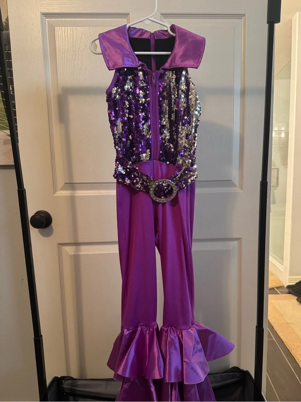 Weissman Disco Purple Sequin Dance Jumpsuit with Ruffle Hems